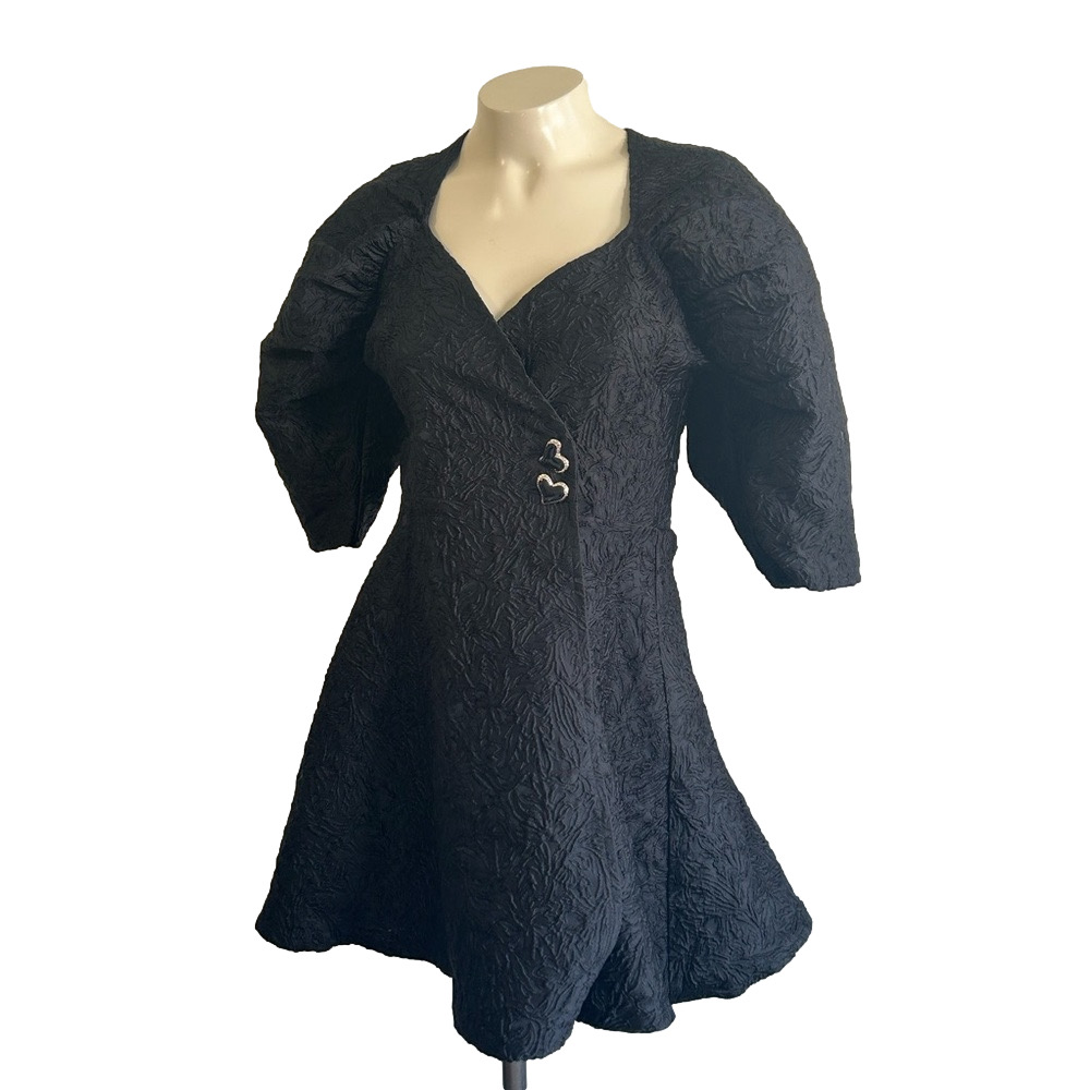 SISTER JANE BABY DOLL PUFF SLEEVE BLACK DAMASK DRESS SMALL